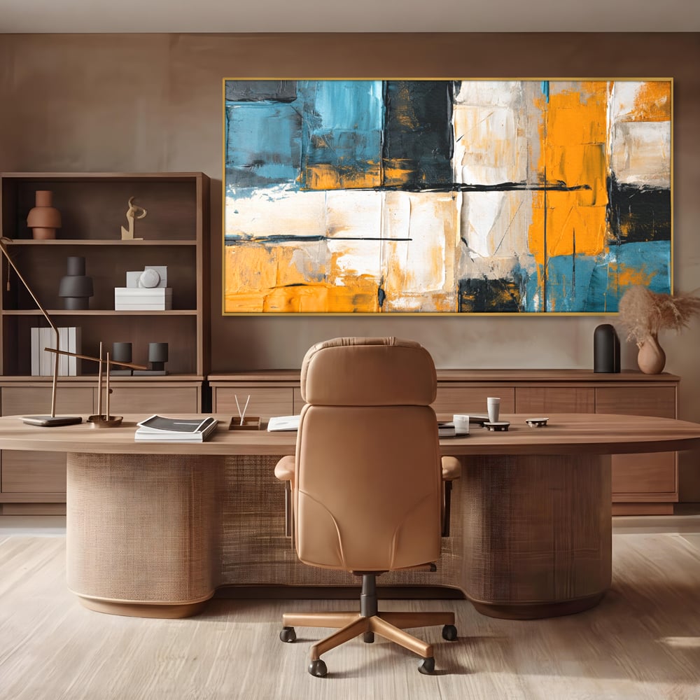 Tablou canvas cu tablou canvas abstract geometric, in rama de aluminiu auriu, pe perete intr-un birou